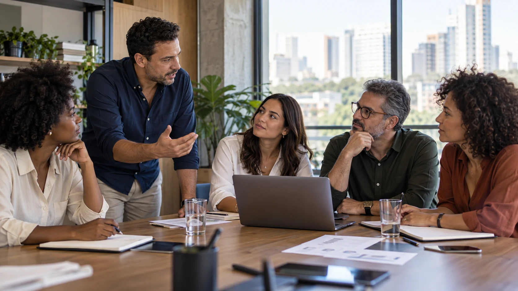 Equipe diversa reunida em um escritório, em uma conversa de trabalho
