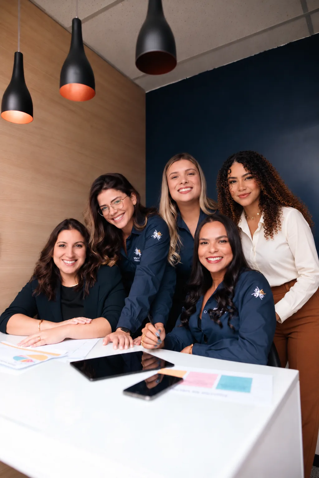 Cinco profissionais da Pro-Genth reunidas em torno de uma mesa com documentos e gráficos