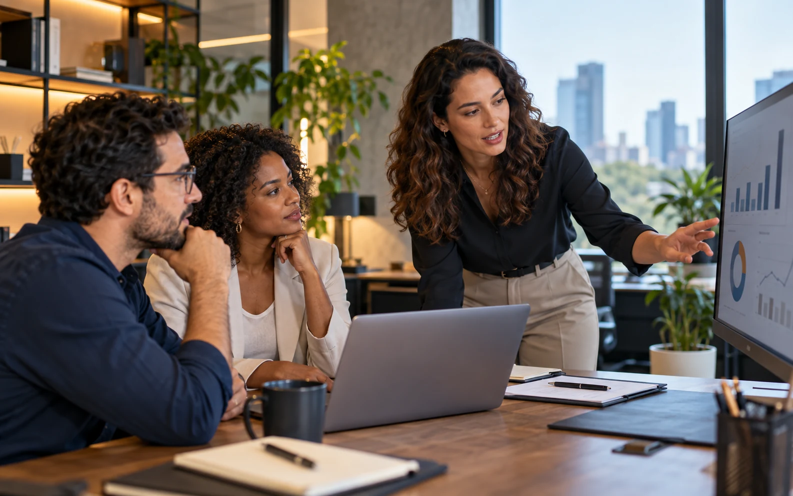 Equipe discutindo processos e indicadores em uma sala de trabalho